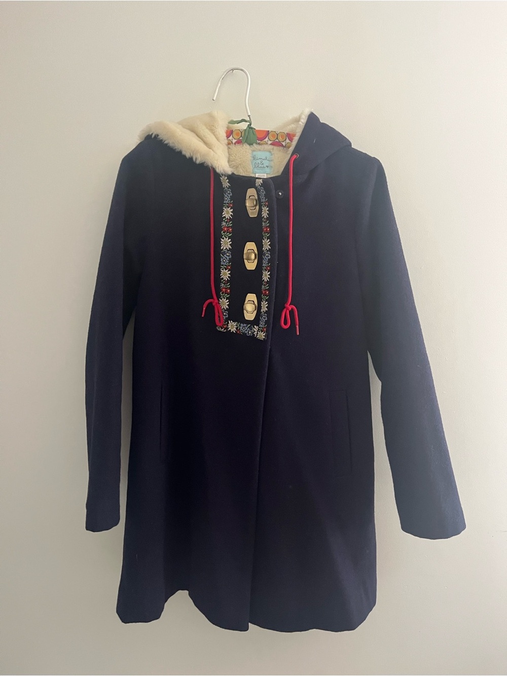 Kimchi Blue Navy Pea Coat with Faux-Fur Hood Trim and Red Drawcords